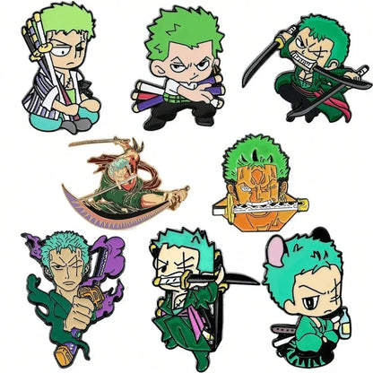 Set of seven colorful metal badge enamel pins featuring chibi roronoa zoro from one piece in varied poses and outfits