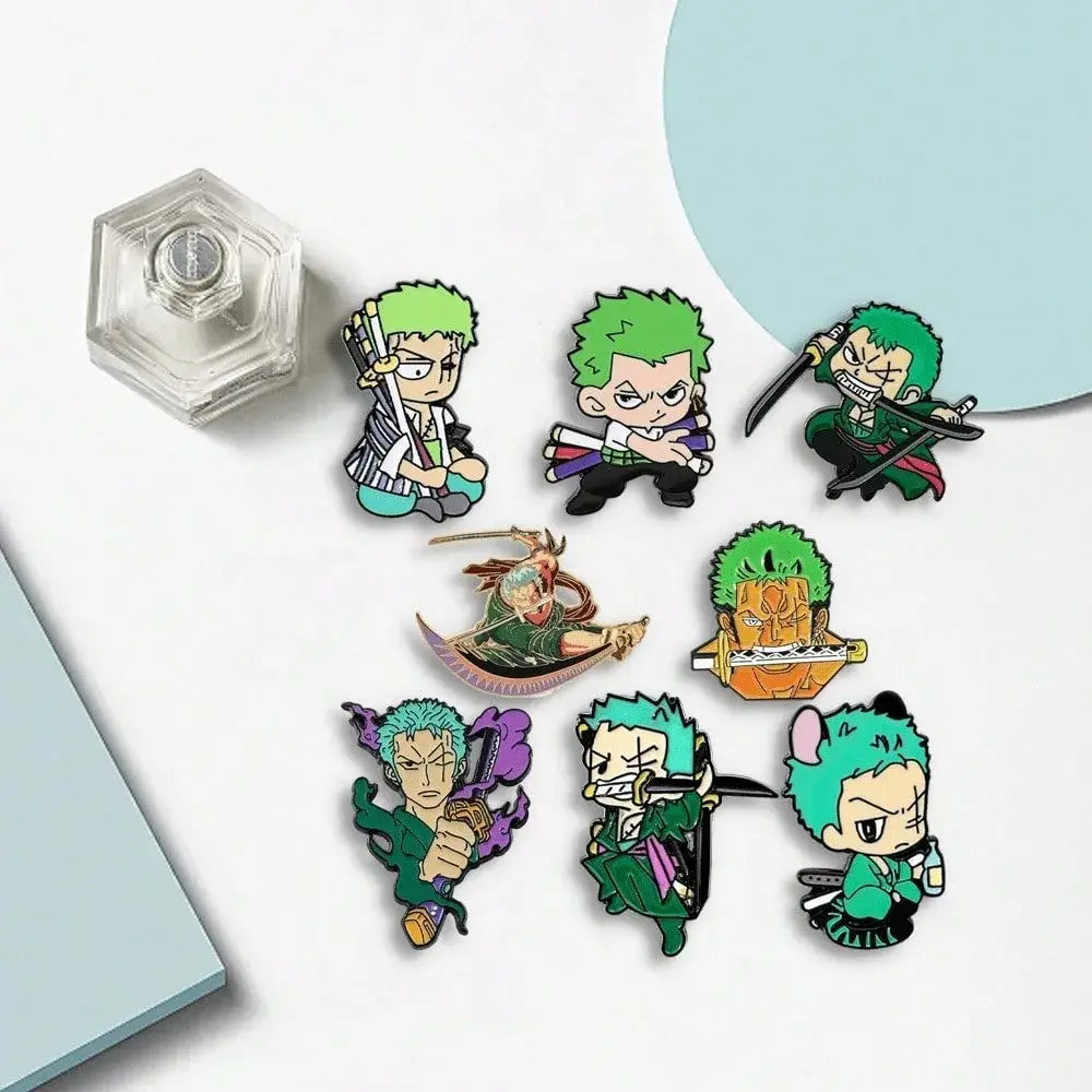 Set of eight chibi-style zoro enamel pins metal badge with vibrant green hair and metallic finish costumes
