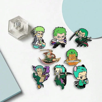 Set of eight chibi-style zoro enamel pins metal badge with vibrant green hair and metallic finish costumes