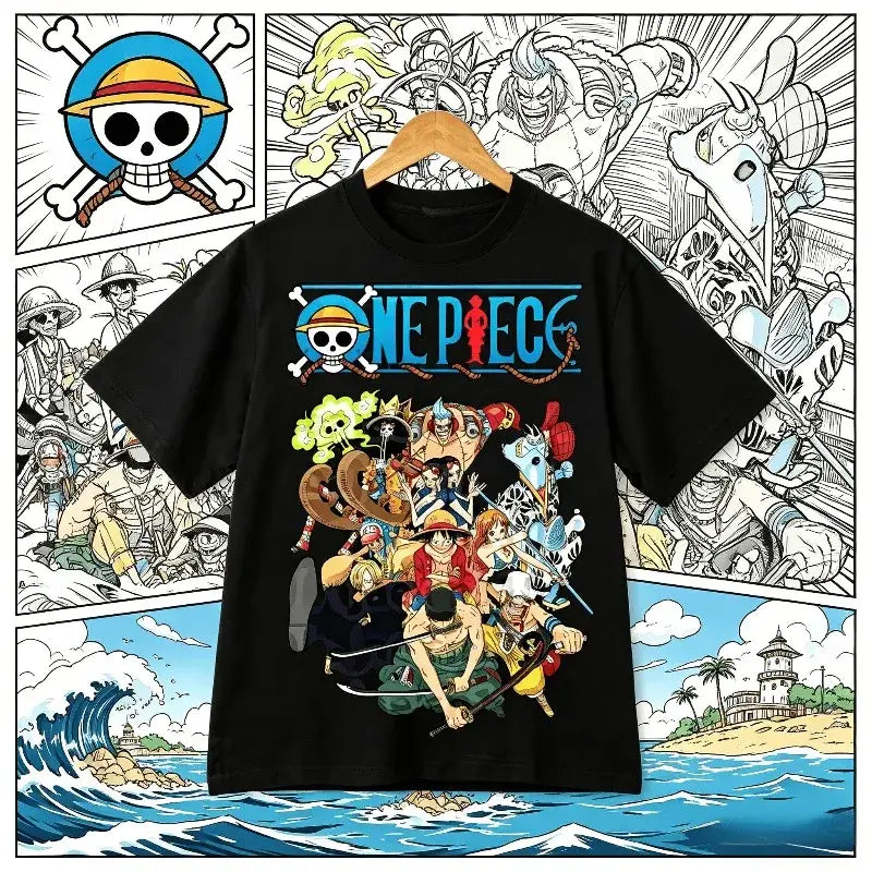 Black short sleeve one piece roronoa zoro harajuku t shirt with colorful crew graphic and iconic skull and crossbones logo