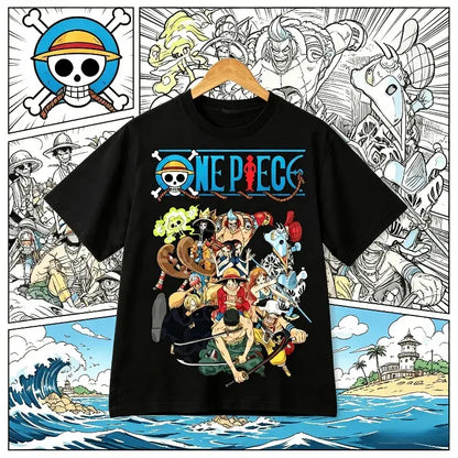 Black short sleeve one piece roronoa zoro harajuku t shirt with colorful crew graphic and iconic skull and crossbones logo