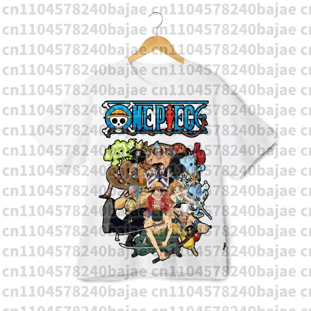 White cotton short sleeve one piece roronoa zoro harajuku t-shirt with colorful anime crew graphic and skull logo