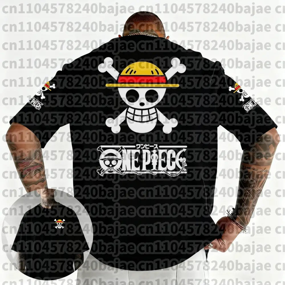 Black short-sleeved cotton shirt with white and yellow one piece jolly roger and one piece logo at the front