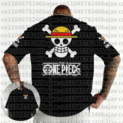 Black short-sleeved cotton shirt with white and yellow one piece jolly roger and one piece logo at the front