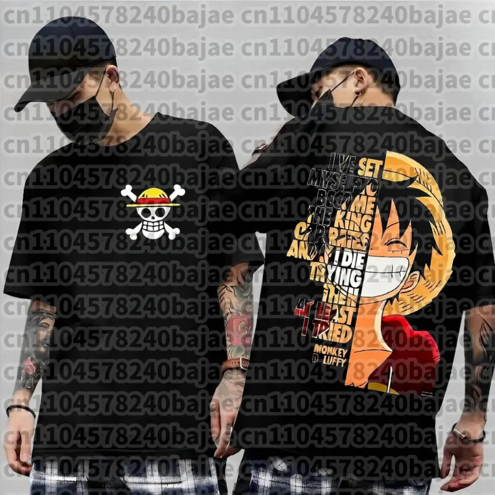 Black cotton short sleeve t-shirt featuring one piece luffy graphic with straw hat skull emblem and bold pirate king text
