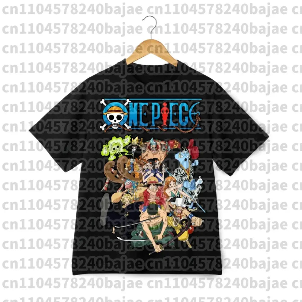 Black short-sleeved cotton t-shirt with vibrant full-color one piece crew print and iconic logo above them
