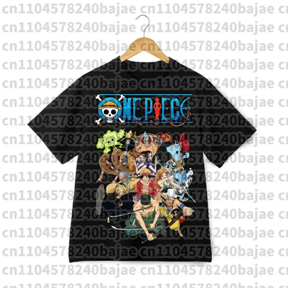 Black short-sleeved cotton t-shirt with vibrant full-color one piece crew print and iconic logo above them