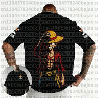 Black short-sleeved cotton t-shirt featuring a full-body print of monkey d from one piece roronoa zoro harajuku design