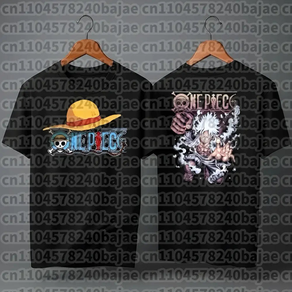 Black one piece roronoa zoro harajuku t-shirt with yellow straw hat and colorful anime graphics on front and back side