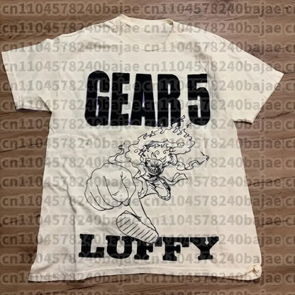 Off-white cotton short sleeve one piece t-shirt featuring a black gear 5 graphic and luffy illustration with flames