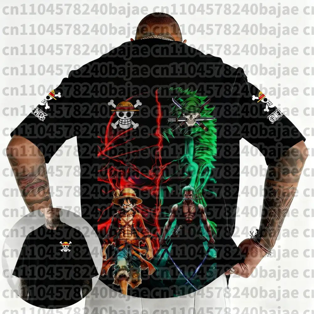 Black short-sleeved one piece roronoa zoro harajuku t-shirt with vibrant 3d print of luffy and zoro and skull logos