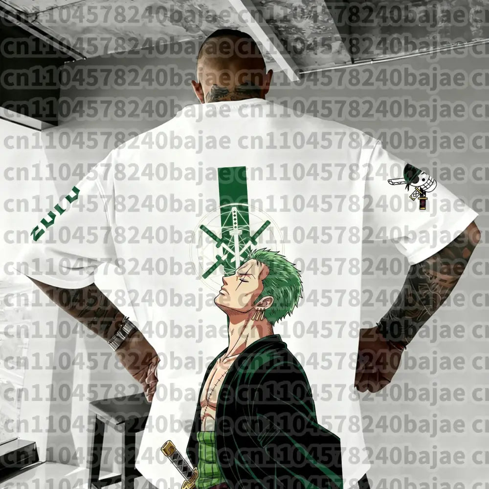 White short-sleeved one piece t-shirt featuring a green roronoa zoro anime design with sabo printed on the left sleeve