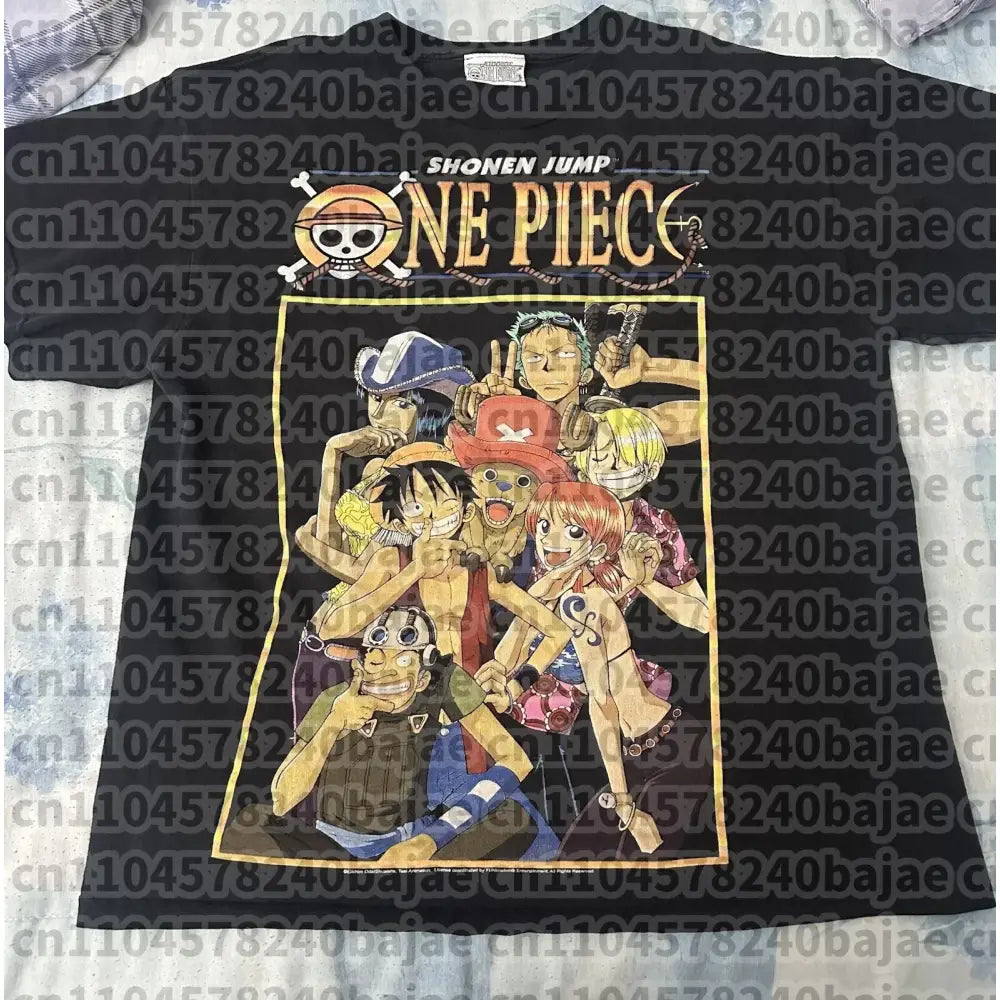 Black cotton one piece roronoa zoro harajuku short sleeve t-shirt with vibrant crew graphic gold lettering and skull logo