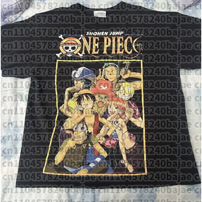 Black cotton one piece roronoa zoro harajuku short sleeve t-shirt with vibrant crew graphic gold lettering and skull logo