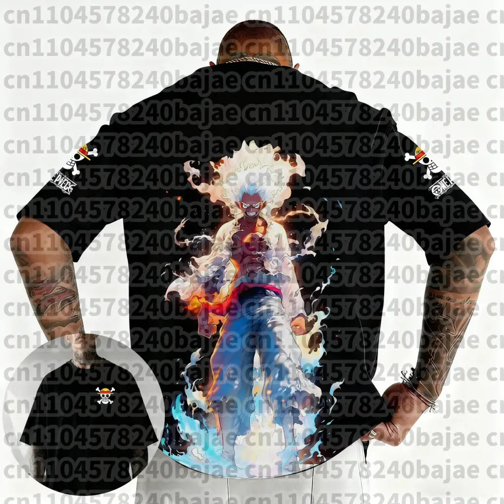 Black short-sleeved one piece roronoa zoro harajuku t-shirt with 3d luffy graphic in fiery explosive pose