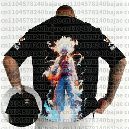 Black short-sleeved one piece roronoa zoro harajuku t-shirt with 3d luffy graphic in fiery explosive pose