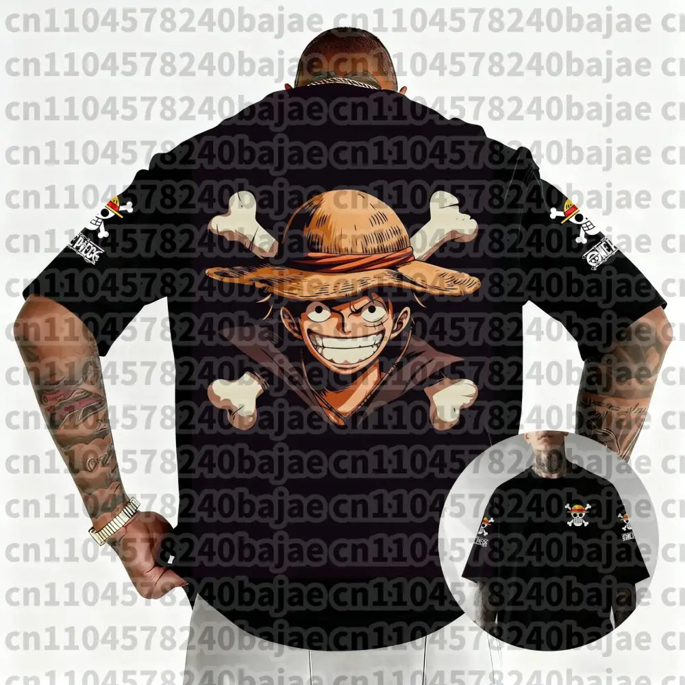 Black short-sleeved cotton t-shirt featuring 3d printed luffy with straw hat and pirate insignias on sleeves from one piece