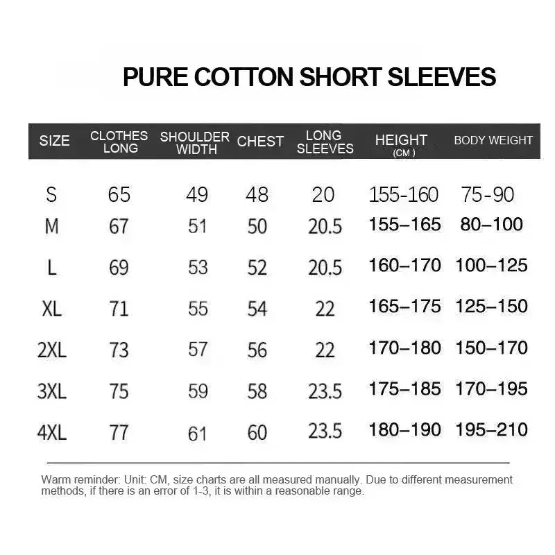 One piece roronoa zoro harajuku short sleeve pure cotton shirt with size chart showing measurements for multiple sizes