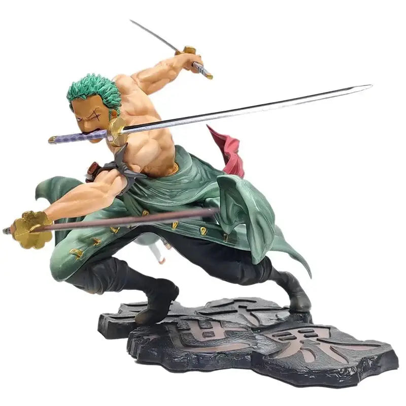 Green-haired muscular roronoa zoro pvc action figure in dynamic pose with two swords and flowing green coat on black base