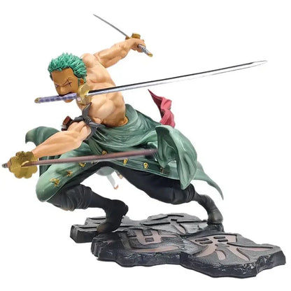 Green-haired muscular roronoa zoro pvc action figure in dynamic pose with two swords and flowing green coat on black base