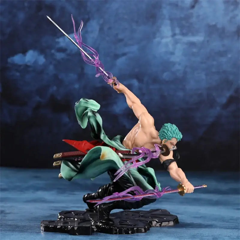 One Piece Roronoa Zoro pvc action figure with teal hair and dual swords surrounded by glowing purple energy tendrils