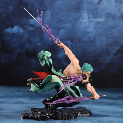 One Piece Roronoa Zoro pvc action figure with teal hair and dual swords surrounded by glowing purple energy tendrils