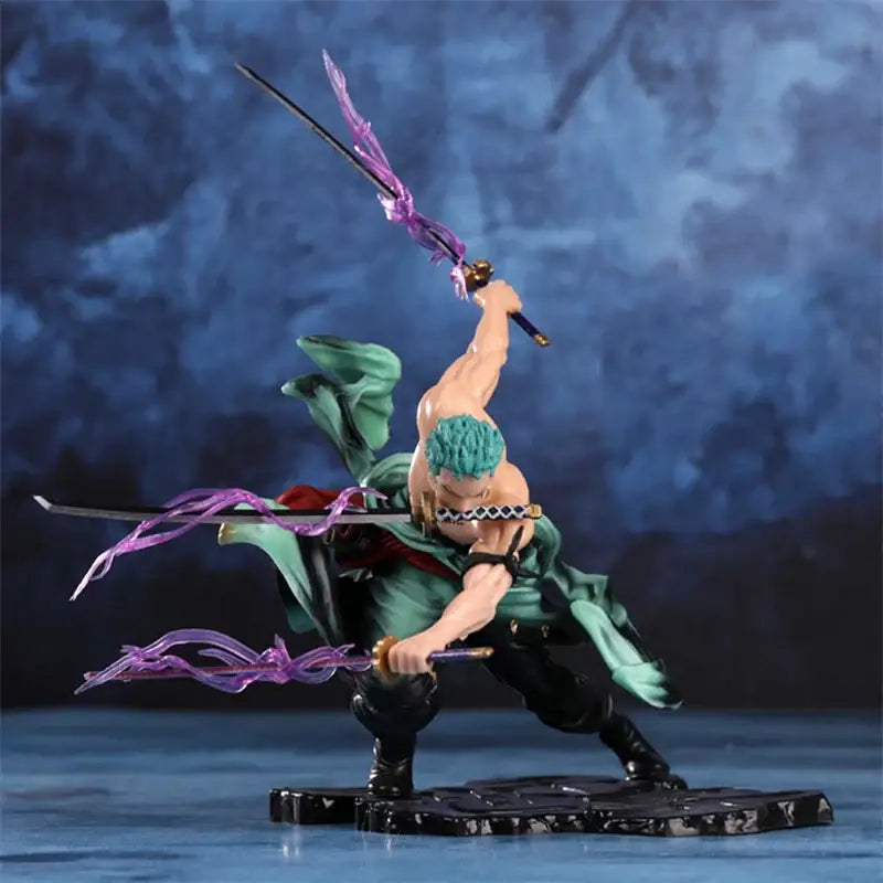 Dynamic roronoa zoro pvc action figure with green hair teal cloak and glowing purple swords 10cm statue