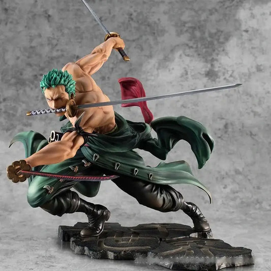 One Piece Roronoa Zoro pvc action figure 10cm statue with green hair muscular build dynamic combat pose and two swords