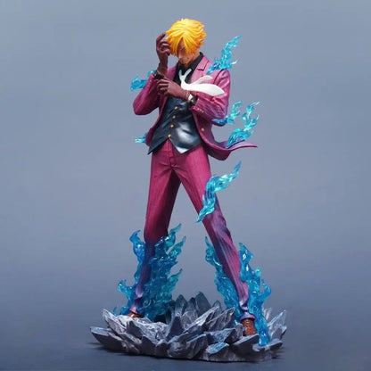One piece sanji pvc statue 25cm desktop figure with spiky yellow hair maroon suit and blue flame effects on rocky base