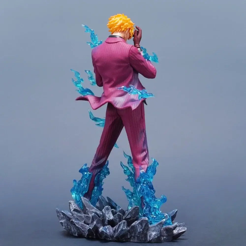 One Piece Sanji PVC statue 25cm detailed figurine with spiky blonde hair magenta suit on rocky base with blue flames
