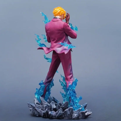One Piece Sanji PVC statue 25cm detailed figurine with spiky blonde hair magenta suit on rocky base with blue flames