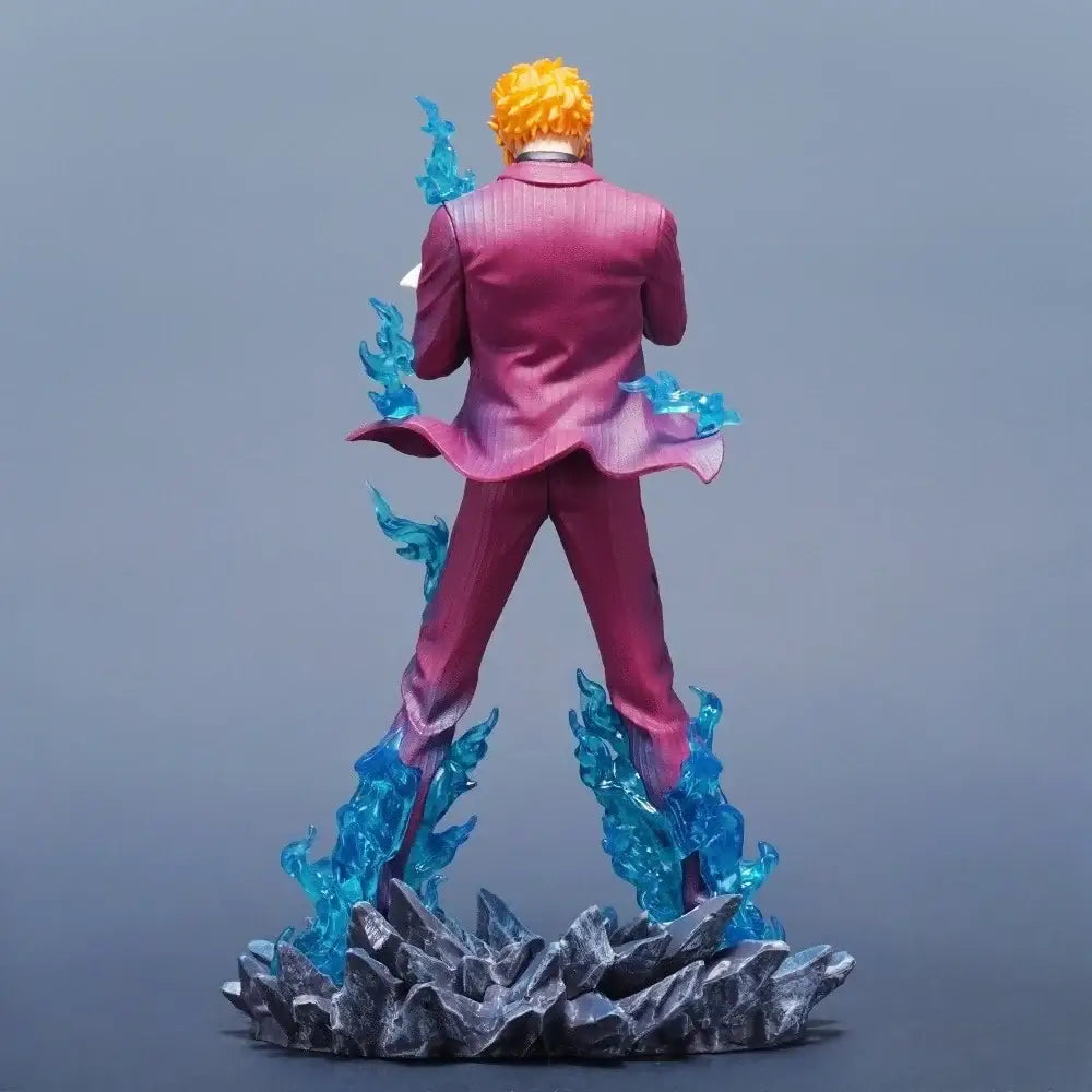 One piece sanji pvc statue 25cm figurine with spiky yellow hair glossy magenta suit and blue flame effects on rocky base