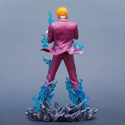 One piece sanji pvc statue 25cm figurine with spiky yellow hair glossy magenta suit and blue flame effects on rocky base