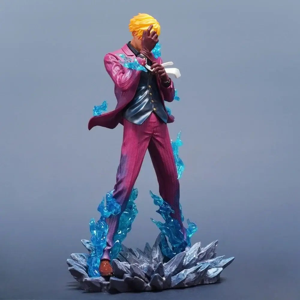 One Piece Sanji PVC statue 25cm desktop figure with vibrant yellow hair pink suit and blue energy effects on rocky base