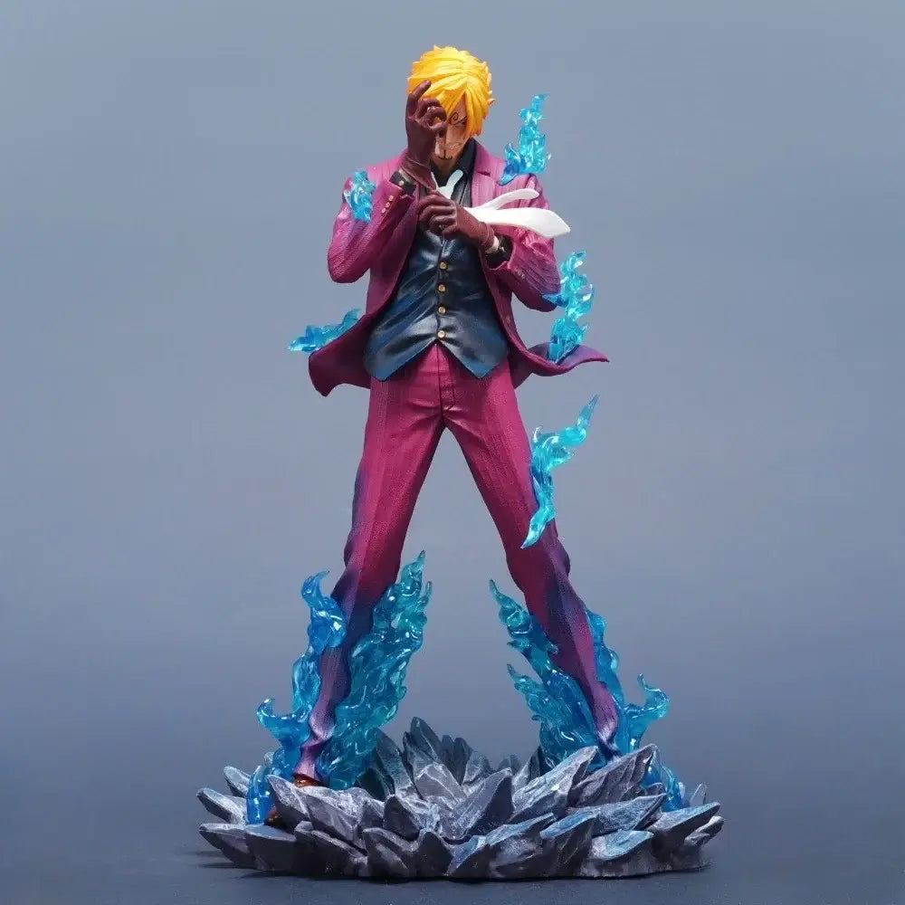 One Piece Sanji PVC statue 25cm desktop figure with spiky yellow hair in magenta suit and turquoise energy effects on rocky base