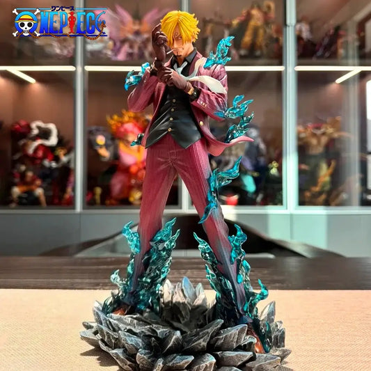 One piece sanji pvc statue 25cm desktop figure in maroon suit with black vest white shirt and glowing turquoise flames