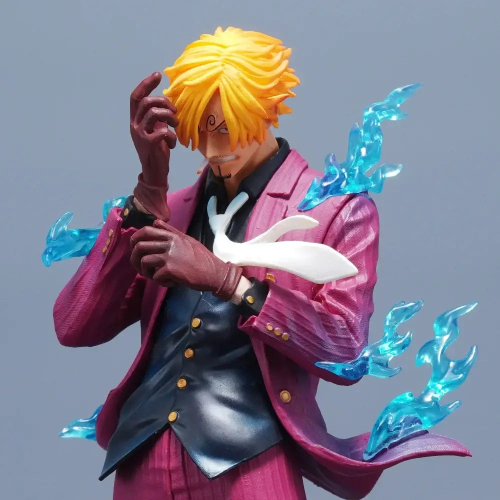 A detailed one piece sanji pvc statue with spiky blonde hair wearing a magenta suit and brown gloves standing 25cm tall