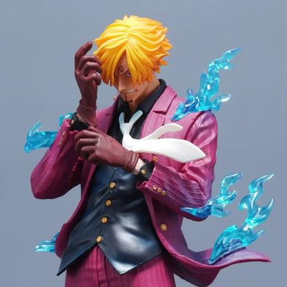 A detailed one piece sanji pvc statue with spiky blonde hair wearing a magenta suit and brown gloves standing 25cm tall