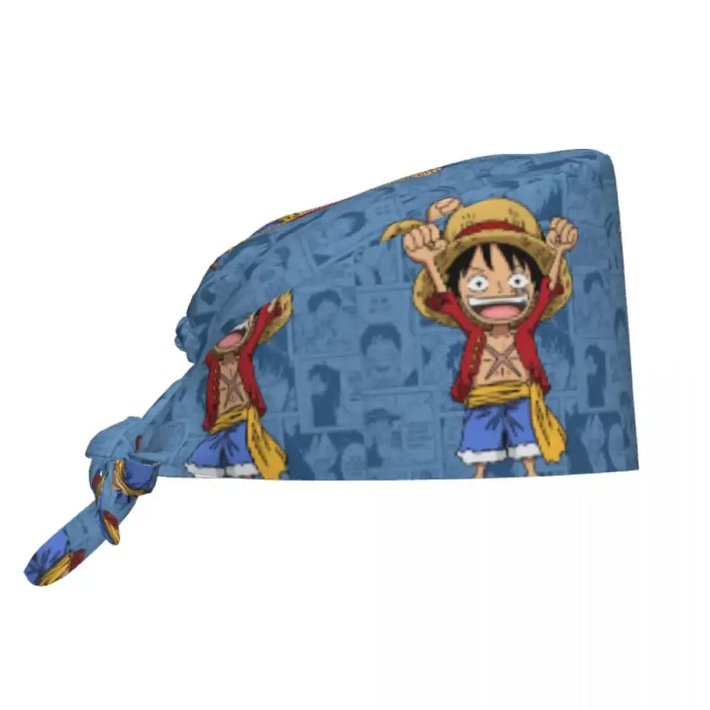 Blue fabric piece scrub cap with repeating luffy pattern wearing straw hat and red jacket from one piece scrub cap collection