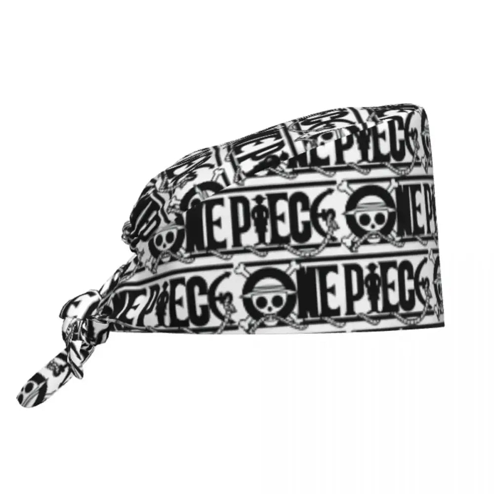 White scrub cap with black one piece logos and skull and crossbones designs from one piece scrub cap collection