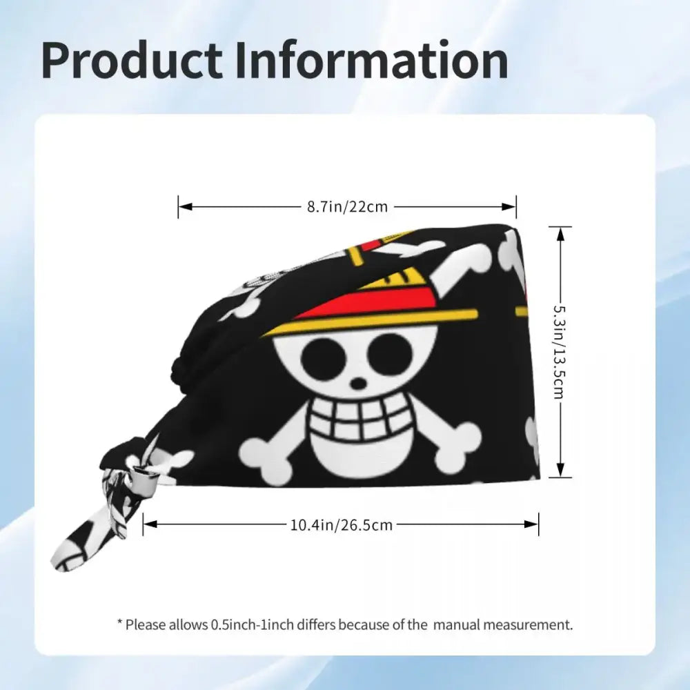 Black fabric one piece scrub cap with white skull and crossbones and red yellow black accents for medical use