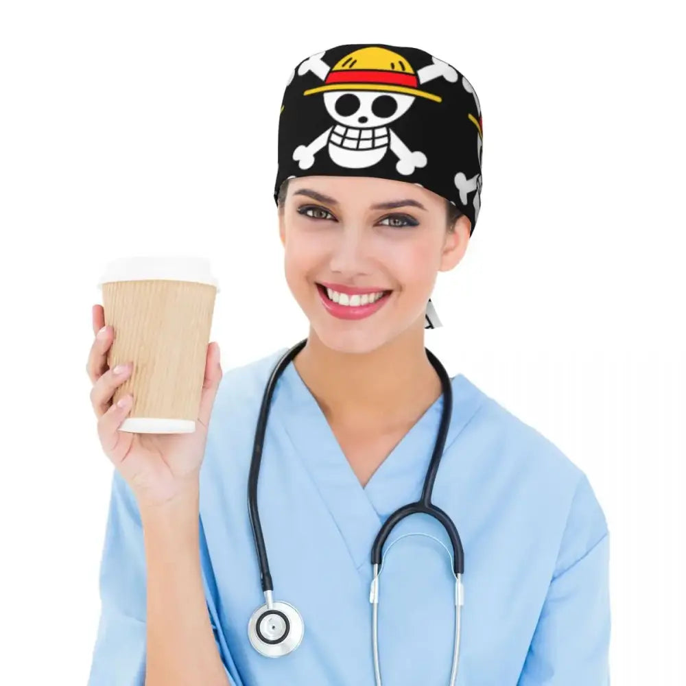 Black surgical scrub cap featuring white skull and crossbones with yellow hat and red band inspired by one piece anime