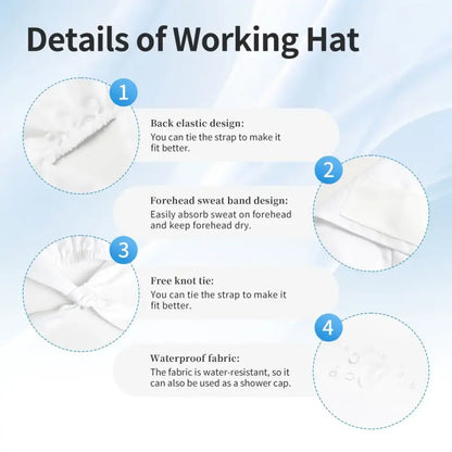 White one piece scrub cap with elastic back strap waterproof fabric and sweat-absorbing band for adjustable fit