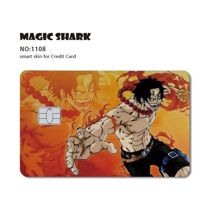 Vibrant orange and red one piece shark card skin featuring a muscular black-haired anime character in 3m pvc matte material