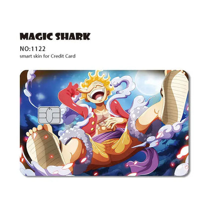 Vibrant one piece shark card skin featuring anime character with spiky blonde hair on blue sky 3m pvc matte card skin