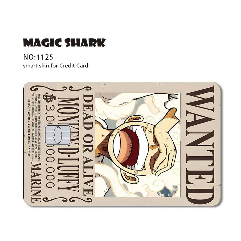 Beige rectangular one piece shark card skin made of 3m pvc matte no-fade featuring cartoon wanted design