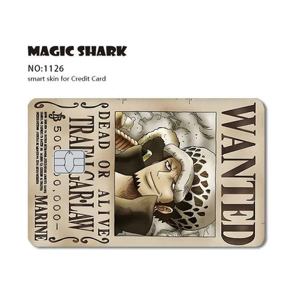 Beige wanted poster-themed one piece shark card skin featuring cartoon trafalgar law made of 3m pvc matte no-fade card skin