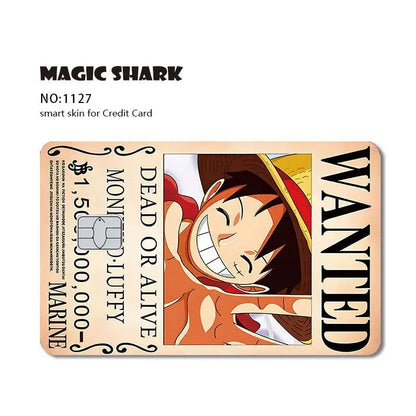 Beige wanted poster style card skin featuring smiling luffy from one piece with black text and decorative swirls for piece shark card