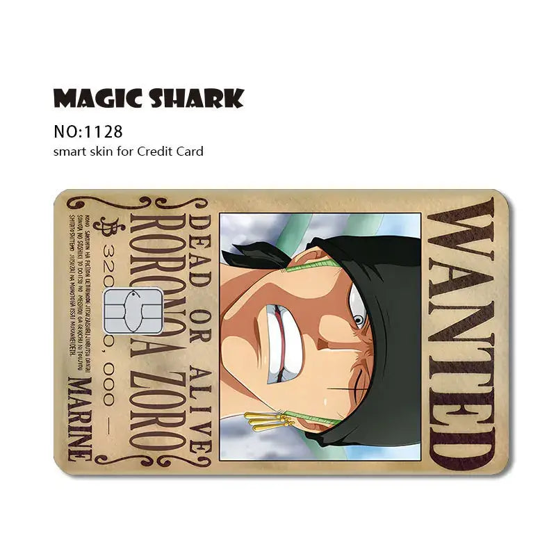 Beige magic shark card skin featuring roronoa zoro wanted poster design made of 3m pvc matte no-fade material
