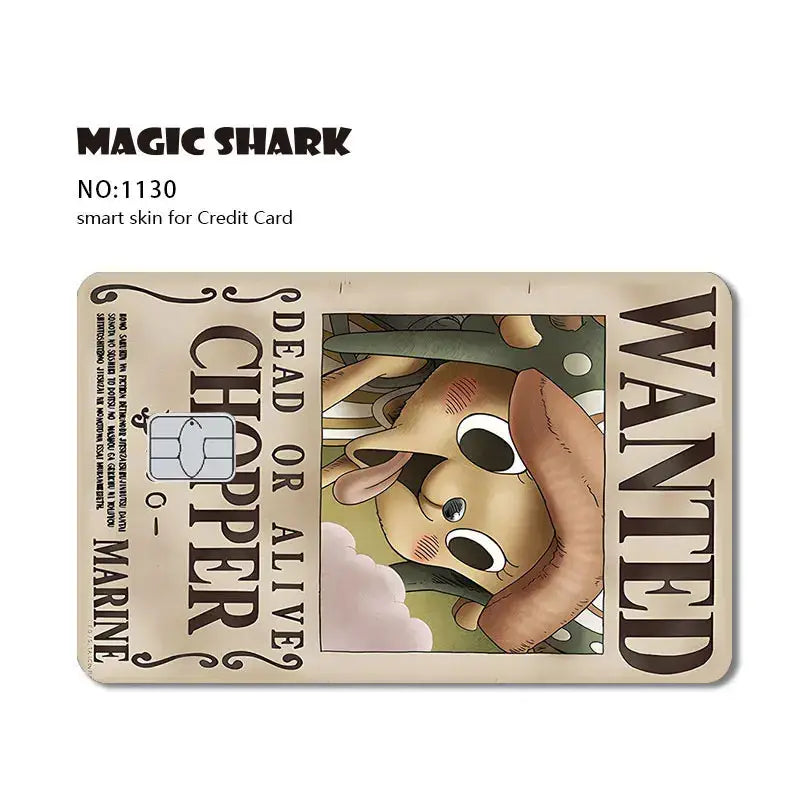 Beige one piece shark card skin made of 3m pvc matte no-fade material featuring cartoon character in brown ink